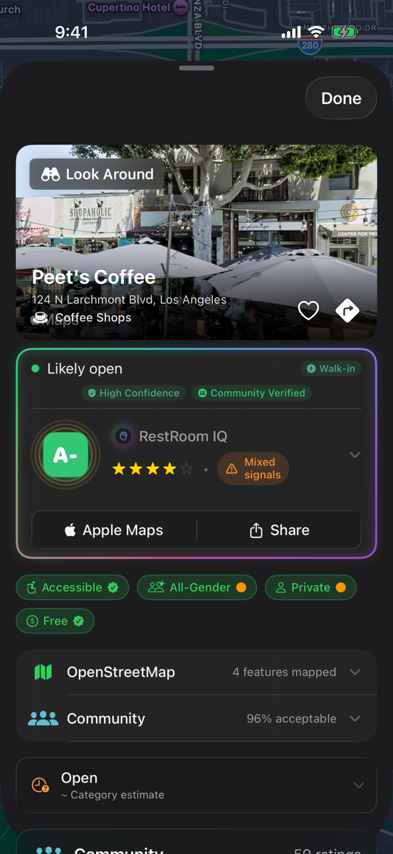 RestMap place detail showing RestRoom IQ score, amenities, and Look Around street view